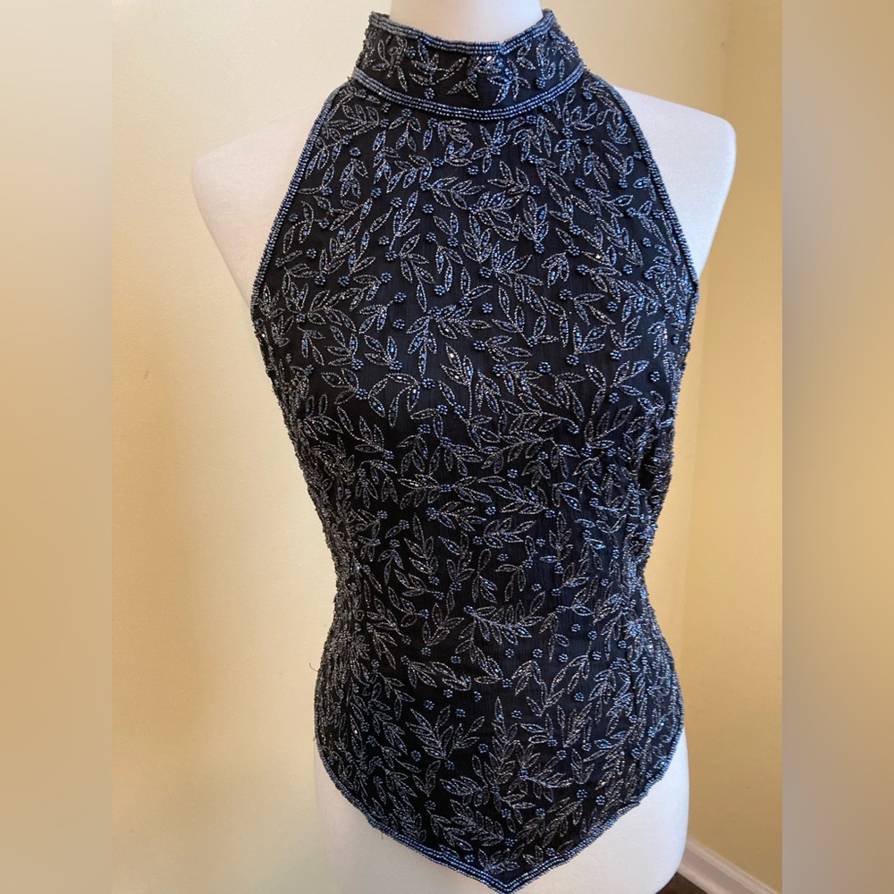 Black Evening Cocktail Beaded Silk Top
